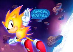 Rule 34 | 1boy, absurdres, artist name, dragon ball, dragonball z, full body, gloves, highres, looking at viewer, looking back, nerkinpixel, planet, red footwear, scene reference, shoes, sonic (series), sonic the hedgehog, sonic the hedgehog (classic), space, spiked hair, sun, super sonic, thank you, trait connection, white gloves, yellow fur