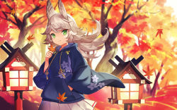 Rule 34 | 1girl, alternate costume, animal ears, architecture, autumn, autumn leaves, azur lane, blue hoodie, casual, east asian architecture, floral print, green eyes, holding, holding leaf, hood, hoodie, kitakaze (azur lane), leaf, light brown hair, looking at viewer, miniskirt, outdoors, pleated skirt, skirt, solo, white skirt, wide sleeves, yoshimo (yoshimo1516)