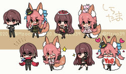 Rule 34 | 1boy, 2girls, :3, animal ear fluff, animal ears, artist name, blush, brown eyes, brown hair, cake, chibi, clenched hands, closed mouth, commentary request, fate/extra, fate/extra ccc, fate (series), food, fox ears, fox girl, fox tail, full body, glasses, hair between eyes, heart, holding, holding pillow, holding spoon, kishinami hakuno (female), kishinami hakuno (male), long hair, long sleeves, mapo tofu, multiple girls, multiple persona, one eye closed, open mouth, orb, osakana (rrg0123), pillow, pink hair, red scarf, scarf, school uniform, serafuku, sidelocks, smile, split ponytail, spoon, star (symbol), sweatdrop, swiss roll, tail, talisman, tamamo (fate), tamamo no mae (fate/extra), tamamo no mae (sable mage) (fate), tamamo no mae (spring casual) (fate), thighhighs, tsukumihara academy uniform (fate/extra ccc), twitter username, v-shaped eyebrows, yellow eyes, yes-no pillow