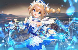Rule 34 | 1girl, :d, ainy, barbara (genshin impact), blonde hair, blue eyes, bow, breasts, city, cleavage, commentary request, cowboy shot, detached sleeves, dress, dress bow, foreshortening, genshin impact, hair between eyes, hand up, hat, highres, layered dress, looking at viewer, night, night sky, open mouth, outdoors, pantyhose, partial commentary, reaching, reaching towards viewer, ringlets, signature, sky, smile, solo, standing, strapless, strapless dress, vision (genshin impact), white pantyhose
