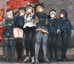 Rule 34 | 10s, 6+girls, adapted costume, belt, bismarck (kancolle), black legwear, black panties, blonde hair, blue eyes, blush, bodysuit, boots, breasts, brown eyes, brown gloves, buttons, crotch seam, double-breasted, dress, garrison cap, german clothes, german text, germany, gloves, gluteal fold, graf zeppelin (kancolle), grey hair, grey legwear, hand on another&#039;s shoulder, hand on own hip, hat, high heels, holding hands, interlocked fingers, jacket, kantai collection, kriegsmarine, large breasts, loafers, long hair, looking at viewer, medal, medium breasts, military, military hat, military jacket, military uniform, miniskirt, multiple girls, nazi, necktie, panties, panties over pantyhose, panties under pantyhose, pantyhose, pantyshot, panzer (p.z), parted lips, pleated skirt, prinz eugen (kancolle), purple hair, sailor dress, shoes, short hair, skirt, smile, standing, swastika, thighhighs, twintails, u-511 (kancolle), underwear, uniform, white gloves, white panties, z1 leberecht maass (kancolle), z3 max schultz (kancolle), zettai ryouiki