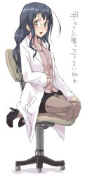 Rule 34 | 1girl, :d, ahoge, blue hair, brown thighhighs, chair, doctor, face, full body, glasses, green eyes, high heels, kneeling, kyo (kuroichigo), lab coat, lace, lace-trimmed legwear, lace trim, long hair, long sleeves, miniskirt, nurse, office chair, open mouth, original, pencil skirt, seiza, shoes, simple background, sitting, skirt, smile, solo, swivel chair, thighhighs, translated, wavy hair, white background