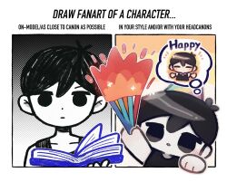 Rule 34 | 1boy, black eyes, black hair, black sweater vest, black tank top, book, child, closed eyes, closed mouth, colored skin, draw fanart challenge, expressionless, hand fan, happy, holding, holding book, holding fan, looking at viewer, male focus, omocat (style), omori, omori (omori), open book, shirt, short hair, short sleeves, sunny (omori), sweater vest, tank top, wakame (vhai26uhykmqb9k), white shirt, white skin