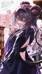 Rule 34 | 1girl, absurdres, animal ears, arknights, ass, back, highres, lin (arknights), long hair, looking at viewer, mouse ears, mouse tail, outdoors, purple eyes, purple hair, solo, tail, wiersa