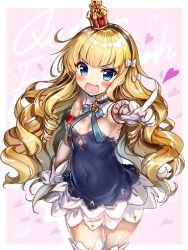 Rule 34 | akabane (zebrasmise), armpits, azur lane, blonde hair, blue eyes, blush, breasts, character name, commentary request, crown, curly hair, fang, gloves, hair ribbon, headband, highres, long hair, looking at viewer, navel, open mouth, pointing, pointing at viewer, queen elizabeth (azur lane), ribbon, small breasts, solo, thighhighs, white gloves