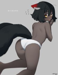 Rule 34 | 1girl, absurdres, animal ear fluff, animal ears, arched back, ass, barefoot, black hair, black tail, blurry, breasts, dark-skinned female, dark skin, embarrassed, eyes visible through hair, feet out of frame, flying sweatdrops, from behind, good ass day, grey background, hair between eyes, hand up, highres, indie virtual youtuber, kneeling, looking at viewer, looking back, medium breasts, panties, panties only, parted lips, sakura chiyo (konachi000), sakuraba chiyo, short hair, shoulder blades, signature, simple background, solo, topless, translation request, underwear, underwear only, very dark skin, virtual youtuber, white panties