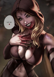 Rule 34 | 1girl, bela dimitrescu, black lips, blonde hair, blood, blood on face, breasts, brown eyes, cleavage, commentary, dandon fuga, english text, grin, highres, jewelry, large breasts, lipstick, long hair, looking at viewer, makeup, navel, necklace, resident evil, resident evil village, smile, solo, tattoo, vampire