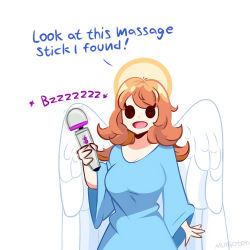 Rule 34 | 1girl, angel, angel wings, black eyes, blonde hair, breasts, english text, halo, holding, medium breasts, murgoten, open mouth, sex toy, simple background, smile, sound effects, vibrator, wings