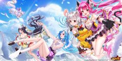 Rule 34 | 4girls, :d, ahoge, animal, animal ear fluff, animal ears, bare shoulders, bell, bird, black footwear, black gloves, black hair, blue hair, blue sky, blurry, blurry foreground, breasts, brown eyes, cat ears, cat girl, cat tail, cleavage, cloud, cloudy sky, commentary request, copyright notice, copyright request, day, depth of field, dress, feathers, fingerless gloves, gloves, hair bell, hair between eyes, hair bun, hair ornament, hairclip, highres, holding, holding smoking pipe, jingle bell, kiseru, large breasts, loafers, long hair, long sleeves, looking at viewer, medium breasts, midair, mouse ears, multiple girls, official art, open mouth, outdoors, outstretched arm, panties, pink hair, purple dress, purple eyes, red eyes, ribbed sweater, see-through, see-through sleeves, shoes, silver hair, single hair bun, skindentation, sky, smile, smoking pipe, socks, sweater, swordsouls, tail, thighhighs, turtleneck, turtleneck sweater, twintails, underwear, very long hair, watermark, white feathers, white legwear, white panties, white sweater, x hair ornament, yellow dress, yellow sleeves
