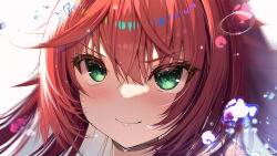 Rule 34 | 1girl, blush, close-up, closed mouth, green eyes, guilty gear, highres, jack-o&#039; valentine, long hair, looking at viewer, migumigu, portrait, red hair, smile, solo, v-shaped eyebrows, water drop