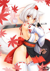 Rule 34 | 1girl, :&lt;, adapted uniform, animal ears, armpits, artist name, autumn leaves, bare shoulders, blush, bow, breasts, bridal gauntlets, cameltoe, cleavage, closed mouth, cowboy shot, detached sleeves, falling leaves, gradient background, groin, hat, highres, holding, holding shield, holding sword, holding weapon, inubashiri momiji, leaf, loincloth, long sleeves, medium breasts, obi, orange eyes, pom pom (clothes), red bow, red hat, revealing clothes, ribbon-trimmed legwear, ribbon trim, sash, shield, short hair, sideboob, slit pupils, solo, standing, sword, tail, tattoo, thick eyebrows, thighhighs, tokin hat, touhou, tsurime, v-shaped eyebrows, weapon, white hair, white thighhighs, wide sleeves, wolf ears, wolf tail, wolflong