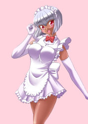 Rule 34 | 00s, 1girl, blush, breasts, dark-skinned female, dark skin, dress, female focus, hanaukyou maid tai, happy, hirorin, large breasts, looking at viewer, maid, open mouth, pink background, red eyes, sanae yashima, short dress, silver hair, simple background, smile, solo