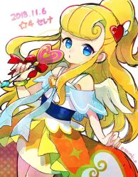 Rule 34 | 1girl, angel wings, blonde hair, blue bow, blue eyes, bow, dated, doradorakingyo, fingernails, hair ornament, heart, heart hair ornament, holding, holding wand, long hair, looking at viewer, ponytail, puyopuyo, puyopuyo quest, red bow, serena (puyopuyo), shirt, solo, twitter username, very long hair, wand, white background, white shirt, wings