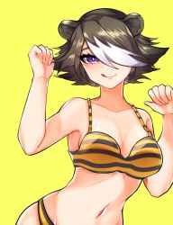 Rule 34 | 1girl, :q, animal ears, arknights, bad id, bad pixiv id, bare arms, bare shoulders, bear ears, beehunter (arknights), bikini, black bikini, black hair, breasts, cleavage, commentary request, hair over one eye, hands up, highres, looking at viewer, medium breasts, mindoll, multicolored hair, navel, purple eyes, short hair, simple background, smile, solo, stomach, striped bikini, striped clothes, swimsuit, tongue, tongue out, upper body, white hair, yellow background, yellow bikini