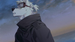 Rule 34 | 1boy, animal ears, black coat, body fur, coat, dog boy, dog ears, from side, furry, furry male, goggles, goggles on head, highres, looking at viewer, male focus, original, seato-hao, short hair, snout, solo, upper body, white hair