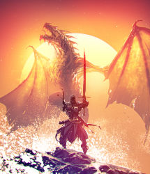 Rule 34 | 1other, absurdres, ambiguous gender, bow (weapon), dragon, glowing, glowing eyes, highres, holding, holding sword, holding weapon, hood, hood up, kalmahul, looking at viewer, open mouth, orange background, original, red background, rock, scenery, sharp teeth, standing, sun, sword, teeth, tongue, tongue out, water, weapon, weapon on back, wings