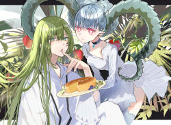 Rule 34 | 1girl, 1other, aqua hair, black choker, breasts, choker, commentary request, curled horns, dragon horns, dress, enkidu (fate), fate/grand order, fate (series), food, food on face, fruit, green eyes, green hair, hair between eyes, holding, holding plate, horns, large horns, larva tiamat (fate), larva tiamat (first ascension) (fate), leaf, long hair, looking at viewer, medium breasts, open mouth, pink eyes, plant, plate, pointy ears, poppoman, robe, sitting, sleeves past fingers, sleeves past wrists, symbol-shaped pupils, tiamat (fate), white dress, white robe, x-shaped pupils
