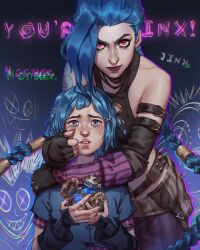 Rule 34 | &gt;:), 1girl, absurdres, arcane: league of legends, arcane jinx, asymmetrical bangs, bare shoulders, blue hair, blue shirt, braid, brown choker, choker, cloud tattoo, crop top, crying, evil smile, fingerless gloves, gloves, highres, holding, holding toy, ithilnaur, jinx (league of legends), league of legends, long hair, looking at viewer, multiple views, pants, pink pants, powder (arcane), red eyes, shirt, short hair, shoulder tattoo, smile, striped clothes, striped pants, tattoo, tearing up, tears, toy, twin braids, v-shaped eyebrows