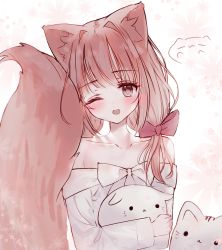 Rule 34 | 1girl, ;d, absurdres, animal, animal ear fluff, animal ears, animal hug, blush, bow, brown eyes, brown hair, cat, collarbone, dress, floral background, fox ears, fox girl, fox tail, hair bow, head tilt, highres, long hair, long sleeves, looking at viewer, low twintails, off-shoulder dress, off shoulder, one eye closed, open mouth, original, red bow, short twintails, smile, solo, tail, tail raised, tandohark, twintails, white bow, white dress