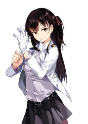 Rule 34 | 10s, 1girl, adjusting clothes, adjusting gloves, belt, brown eyes, brown hair, cowboy shot, female admiral (kancolle), gloves, highres, kantai collection, long hair, long sleeves, looking at viewer, military, military uniform, mouth hold, neko (yanshoujie), ponytail, shirt, simple background, skirt, solo, uniform, very long hair, white gloves