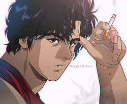 Rule 34 | 1boy, absurdres, between fingers, black eyes, black hair, blowing smoke, chromatic aberration, cigarette, city hunter, from side, highres, holding, holding cigarette, looking at viewer, male focus, parted lips, portrait, red shirt, saeba ryou, shirt, simple background, smoke, smoking, solo, twitter username, white background, yuu (masarunomori)