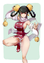 Rule 34 | 1girl, \n/, absurdres, armpits, bell, black hair, blouse, blunt bangs, braid, breasts, china dress, chinese clothes, dress, female focus, fighting stance, green background, groin, hair bell, hair ornament, highres, large breasts, legs, lin lin (one-punch man), looking at viewer, no pants, one-punch man, panties, red eyes, red shirt, shirt, short dress, sideboob, simple background, solo, split mouth, standing, standing on one leg, thighs, twin braids, underwear