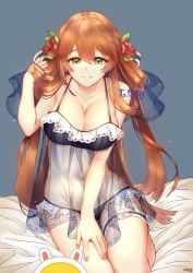 Rule 34 | 1girl, babydoll, bare shoulders, blue babydoll, blue panties, blush, breasts, bridal garter, brown hair, cleavage, collarbone, flower, girls&#039; frontline, green eyes, hair between eyes, hair flower, hair ornament, hair ribbon, hair rings, hand in own hair, hand on own thigh, highres, ice s s z, large breasts, long hair, looking at viewer, nail polish, on bed, panties, parted lips, pink nails, ribbon, see-through, sidelocks, sitting, smile, solo, springfield (girls&#039; frontline), thighs, underwear, underwear only, veil, yokozuwari