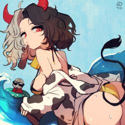 Rule 34 | 1girl, animal print, ass, back, bikini, black hair, breasts, commentary request, cow girl, cow horns, cow print, cow tail, cowboy shot, grey hair, horns, large breasts, leaning forward, looking at viewer, looking back, maaru (akira428), medium hair, mouth hold, multicolored hair, off shoulder, one-hour drawing challenge, parted bangs, red eyes, red horns, solo, split-color hair, swimsuit, tail, touhou, two-tone hair, ushizaki urumi, water, waves, yellow bikini