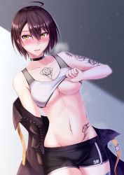 Rule 34 | 1girl, :d, ahoge, areola slip, arm tattoo, artist request, azur lane, baltimore (azur lane), baltimore (black ace) (azur lane), bandaid, bare shoulders, black choker, black shorts, blush, braid, breasts, brown hair, brown jacket, buckle, chest tattoo, choker, cleavage, clothes lift, collarbone, commentary request, cowboy shot, dutch angle, fishnet strap, french braid, gradient background, groin, hair between eyes, heavy breathing, highres, jacket, large breasts, looking at viewer, midriff, misono chiaki, navel, nose blush, off-shoulder jacket, off shoulder, open mouth, shade, short hair, short shorts, shorts, shoulder tattoo, sidelocks, signature, simple background, smile, snap-fit buckle, solo, sports bra, sports bra lift, standing, stomach tattoo, sweat, tattoo, underboob, white sports bra, yellow eyes