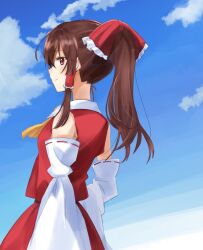 Rule 34 | 1girl, alternate hairstyle, ascot, blue sky, bow, brown eyes, brown hair, closed mouth, cloud, commentary request, day, detached sleeves, frilled bow, frilled hair tubes, frills, hair bow, hair tubes, hakurei reimu, hand on own hip, highres, long hair, ponytail, raki (for03ge), red bow, red skirt, ribbon-trimmed sleeves, ribbon trim, skirt, skirt set, sky, smile, solo, touhou, yellow ascot