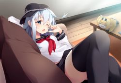 Rule 34 | 1girl, anchor, anchor symbol, black skirt, black thighhighs, blue eyes, blush, couch, flat cap, gambier bay (kancolle), hair between eyes, hat, hibiki (kancolle), indoors, kantai collection, long hair, long sleeves, lying, mofu namako, neckerchief, on back, one eye closed, open mouth, pleated skirt, red neckerchief, rubbing eyes, sailor collar, school uniform, serafuku, silver hair, skirt, solo, stuffed toy, table, thighhighs, triangle mouth