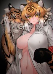 Rule 34 | 1girl, absurdres, animal, animal ear fluff, animal ears, black hair, breasts, chromatic aberration, claws, closed mouth, collarbone, commentary, creature and personification, fang, fang out, fingernails, fur trim, hair between eyes, highres, kemono friends, large breasts, looking at viewer, midriff peek, multicolored hair, navel, no bra, notora, open clothes, open shirt, orange hair, saliva, sharp fingernails, shirt, short hair, tail, tiger, tiger (kemono friends), tiger ears, tiger tail, upper body, whiskers, white hair, white shirt, yellow eyes