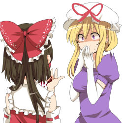 Rule 34 | 2girls, blonde hair, blood, bow, brown hair, constricted pupils, covering face, covering own mouth, covering privates, detached sleeves, elbow gloves, female focus, from behind, gloves, hakurei reimu, hat, hat bow, japanese clothes, long hair, miko, multiple girls, nosebleed, ochazuke, purple eyes, surprised, touhou, white gloves, yakumo yukari