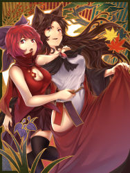 Rule 34 | 2girls, adapted costume, animal ears, arkatopia, bare shoulders, bow, breasts, brooch, brown hair, cleavage, dress, fingernails, hair bow, highres, imaizumi kagerou, jewelry, long hair, long sleeves, medium breasts, multiple girls, off-shoulder dress, off shoulder, open mouth, red eyes, red skirt, rope, sekibanki, shimenawa, short hair, skirt, touhou, white dress, wide sleeves, wolf ears