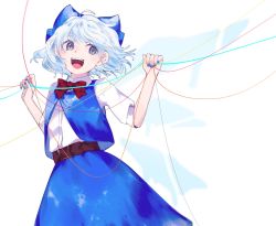 Rule 34 | 1girl, :d, ahoge, belt, belt buckle, blouse, blue bow, blue eyes, blue hair, blue nails, blue skirt, blue vest, bow, bowtie, buckle, cirno, cowboy shot, fingernails, floating hair, hair bow, hands up, highres, holding, holding string, ice, ice wings, looking at viewer, nail polish, open mouth, red bow, red bowtie, shirt, short hair, simple background, skirt, skirt set, smile, solo, string, suehachi (hikage), swept bangs, teeth, tongue, touhou, upper teeth only, vest, white background, white shirt, wings