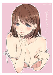 Rule 34 | 1girl, anegasaki nene, bare shoulders, black eyes, blush, bra, breast poke, breasts, brown hair, cleavage, dated, finger to face, grey eyes, hand on own chest, hand up, index finger raised, large breasts, lips, looking at viewer, love plus, mole, mole under eye, off shoulder, outline, parted bangs, parted lips, pink background, pink bra, poking, pouty lips, short hair, simple background, smile, solo, strap slip, sumeragi kohaku, translated, underwear, underwear only, upper body