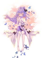 Rule 34 | 1girl, absurdres, azur lane, bare shoulders, black bow, bow, bug, butterfly, commentary request, detached sleeves, hugging doll, dress, closed eyes, facing viewer, floating hair, hair bun, highres, insect, invisible chair, long hair, long sleeves, no shoes, hugging object, one side up, pantyhose, purple hair, single hair bun, sitting, solo, stuffed winged unicorn, ueng, unicorn (azur lane), white dress, white pantyhose
