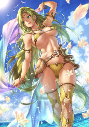 Rule 34 | 1girl, animal, aphrodite (lioreo), arm up, armor, bikini, bikini armor, bird, blue sky, bracelet, breasts, cameltoe, cloud, dated, day, earrings, fishnets, gem, green eyes, green hair, highres, hoop earrings, jewelry, large breasts, lioreo, long hair, looking to the side, necklace, ocean, open mouth, original, outdoors, petals, signature, sky, solo, standing, stomach, sun, sunlight, swimsuit, teeth, thighhighs, tiara, upper teeth only, very long hair, yellow bikini, yellow thighhighs