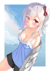 Rule 34 | 1girl, bare shoulders, black shorts, blue camisole, blue sky, bow, breasts, camisole, cleavage, cloud, collarbone, day, eyes visible through hair, frilled camisole, frills, grey jacket, hair bow, hair over one eye, highres, jacket, k mugura, komagome azuzu, long hair, medium breasts, off shoulder, one side up, open clothes, open jacket, red bow, red eyes, senyoku no sigrdrifa, short shorts, shorts, silver hair, sky, solo, striped, striped bow