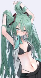 Rule 34 | 1girl, absurdres, aqua eyes, aqua hair, aqua necktie, armpits, arms up, black bra, black skirt, blush, bra, breasts, clenched teeth, commentary, commentary request, grey shirt, hair between eyes, hatsune miku, highres, long hair, looking at viewer, miku day, mouth hold, navel, necktie, necktie in mouth, open clothes, open shirt, revision, shirt, skirt, small breasts, solo, stomach, sweat, teeth, tsune (tune), twintails, underwear, very long hair, vocaloid