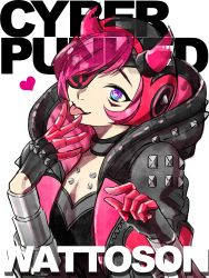 Rule 34 | 1girl, animification, apex legends, black bodysuit, black gloves, black headwear, black jacket, blue eyes, bodysuit, breasts, character name, cleavage, cyber punked wattson, cyberpunk, eyepatch, fingerless gloves, gloves, head tilt, heart, heart in eye, highres, horns, jacket, lipstick, looking at viewer, makeup, mechanical arms, mozuwaka, official alternate costume, one eye covered, pink hair, purple lips, ranguage, single mechanical arm, smile, solo, symbol in eye, tongue, tongue out, wattson (apex legends)