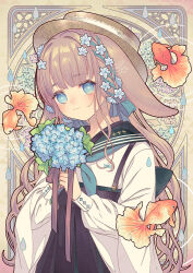 Rule 34 | 1girl, animal, animal ears, black hakama, blue bow, blue eyes, blue flower, blush, bouquet, bow, braid, brown hair, brown headwear, closed mouth, commentary request, fish, fish request, flower, green sailor collar, hair bow, hair flower, hair ornament, hakama, hakama skirt, holding, holding bouquet, hydrangea, japanese clothes, kamui natsuki, long hair, long sleeves, looking at viewer, original, puffy long sleeves, puffy sleeves, sailor collar, shirt, skirt, smile, solo, very long hair, water drop, white flower, white shirt