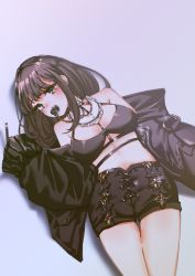 Rule 34 | 1girl, black hair, black jacket, black shorts, blush, borrowed character, breasts, brown hair, goth fashion, green eyes, highres, jacket, looking at viewer, mamaloni (character), medium breasts, medium hair, original, oversized clothes, pacifier, set7, shorts, simple background, sleeves past fingers, sleeves past wrists, solo