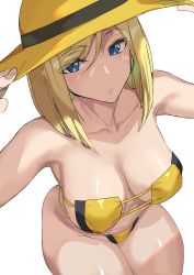 Rule 34 | 1girl, ashiomi masato, bare shoulders, bikini, blonde hair, blue eyes, breasts, cleavage, closed mouth, curvy, eyepatch bikini, from above, guilty gear, hair between eyes, hat, highres, large breasts, millia rage, navel, solo, sun hat, swimsuit, thighs, yellow bikini, yellow hat