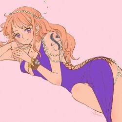 Rule 34 | 1girl, bangle, bare shoulders, blue dress, bracelet, breasts, closed mouth, collarbone, commentary request, cowboy shot, curvy, dress, earrings, halterneck, highres, jewelry, large breasts, light blush, log pose, long hair, looking at viewer, lying, nami (one piece), narrow waist, nem edogawa, official alternate costume, on side, one piece, pearl earrings, pearl hair ornament, pink background, shoulder tattoo, signature, simple background, single sidelock, solo, tattoo, wavy hair, wide hips