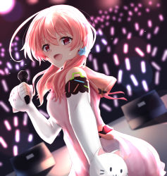 Rule 34 | .live, 1girl, audience, blurry, blurry background, blush, cat, commentary, concert, detached sleeves, glowstick, hair between eyes, hair ornament, highres, holding, holding microphone, kitakami futaba, long hair, long sleeves, looking at viewer, low twintails, microphone, open mouth, pink hair, pink shirt, purple eyes, shirt, smile, stage, sweat, tipo (tipoplaza), twintails, virtual youtuber