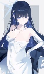 Rule 34 | 1girl, armpits, bare shoulders, blue archive, blue hair, breasts, chikoku, choker, cleavage, collarbone, commentary request, dark blue hair, dress, frown, gloves, halo, highres, large breasts, long hair, looking at viewer, multicolored hair, saori (blue archive), saori (dress) (blue archive), simple background, solo, straight hair, two-tone background, two-tone hair, very long hair, white choker, white dress, white gloves