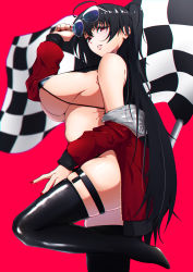 Rule 34 | 1girl, absurdres, ahoge, ameneshi, azur lane, bad id, bad pixiv id, bare shoulders, bikini, black bikini, black hair, breasts, commentary request, eyewear on head, from side, highres, huge breasts, jacket, long hair, long sleeves, looking at viewer, nail polish, off-shoulder jacket, off shoulder, official alternate costume, one side up, parted lips, race queen, red eyes, red jacket, red nails, solo, standing, sunglasses, swimsuit, taihou (azur lane), taihou (enraptured companion) (azur lane), thighs, very long hair