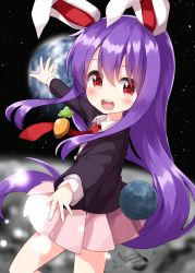 Rule 34 | animal ears, black jacket, blazer, blush, carrot necklace, collared shirt, earth (planet), highres, jacket, jewelry, long hair, long sleeves, looking at viewer, miniskirt, moon, necklace, necktie, open mouth, pink shirt, planet, pleated skirt, purple hair, rabbit ears, rabbit girl, rabbit tail, red eyes, red necktie, reisen udongein inaba, ruu (tksymkw), shirt, skirt, star (sky), tail, teeth, touhou, upper teeth only, very long hair, white shirt