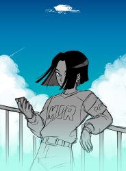 Rule 34 | 10s, 1boy, against railing, android 17, belt, black hair, blue eyes, cellphone, clothes writing, cloud, cloudy sky, dragon ball, dragon ball super, dragonball z, earrings, fingernails, greyscale, greyscale with colored background, happy, jewelry, leaning against railing, long sleeves, male focus, monochrome, pants, phone, railing, short hair, sky, smartphone, smile, solo